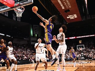 LSU guard Dji Bailey drives for a layup at Texas A&M on Saturday night in College Station, Texas. (Texas A&M photo).