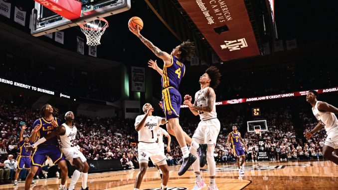 LSU guard Dji Bailey drives for a layup at Texas A&M on Saturday night in College Station, Texas. (Texas A&M photo).